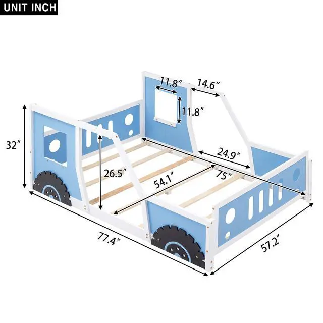 Alt view image 3 of 7 - Full Size Classic Car-Shaped Platform Bed With Wheels,Blue