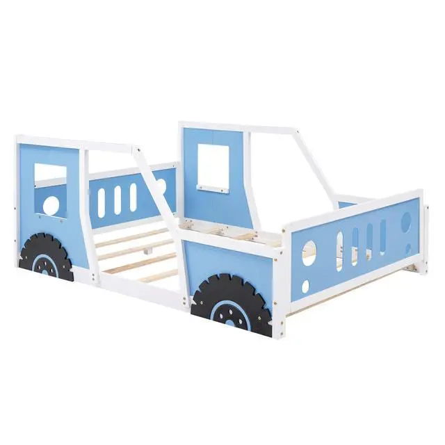 Alt view image 6 of 7 - Full Size Classic Car-Shaped Platform Bed With Wheels,Blue