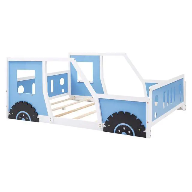 Alt view image 7 of 7 - Full Size Classic Car-Shaped Platform Bed With Wheels,Blue