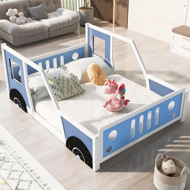 Alt view image 4 of 7 - Full Size Classic Car-Shaped Platform Bed With Wheels,Blue