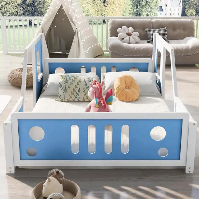 Alt view image 5 of 7 - Full Size Classic Car-Shaped Platform Bed With Wheels,Blue