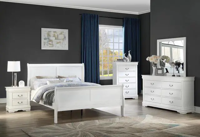 Alt view image 3 of 5 - Louis Phillipe White Full Size Panel Sleigh Bed Solid Wood Wooden Bedroom Furniture
