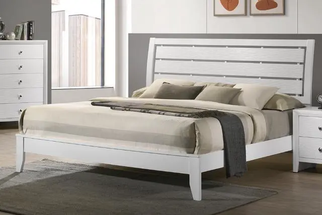 Alt view image 2 of 7 - 1Pc King Size White Finish Panel Bed Geometric Design Frame Softly Curved Headboard Wooden Bedroom Furniture