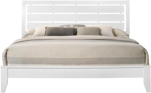 Main image of 1Pc King Size White Finish Panel Bed Geometric Design Frame Softly Curved Headboard Wooden Bedroom Furniture