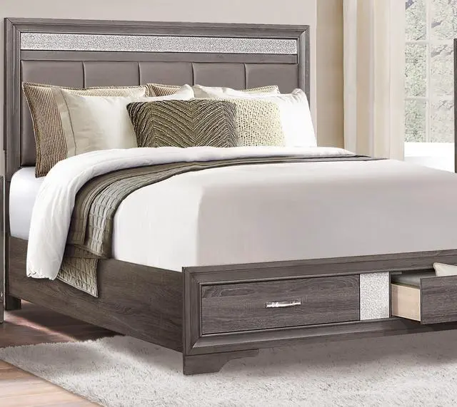 Alt view image 4 of 7 - Queen Platform Bed With Footboard Drawers Upholstered Headboard, Gray And Silver Glitter, Contemporary Bedroom Furniture