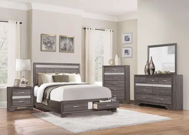 Alt view image 5 of 7 - Queen Platform Bed With Footboard Drawers Upholstered Headboard, Gray And Silver Glitter, Contemporary Bedroom Furniture
