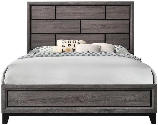 Alt view image 2 of 6 - Cotemporary Gray Finish Queen Size Panel Low-Profile Bed Geometric Design Wooden Bedroom Furniture