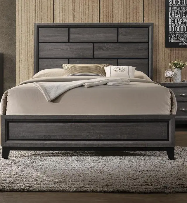 Main image of Cotemporary Gray Finish Queen Size Panel Low-Profile Bed Geometric Design Wooden Bedroom Furniture
