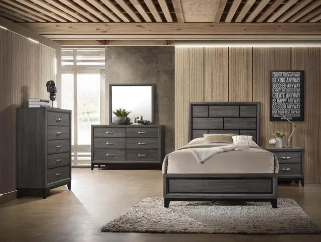 Alt view image 6 of 6 - Cotemporary Gray Finish Queen Size Panel Low-Profile Bed Geometric Design Wooden Bedroom Furniture