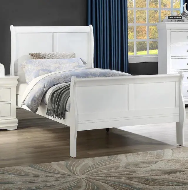 Main image of Louis Phillipe White Finish Twin Size Panel Sleigh YoutBed Solid Wood Wooden Bedroom Furniture