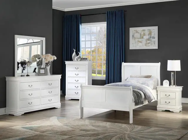Alt view image 3 of 5 - Louis Phillipe White Finish Twin Size Panel Sleigh YoutBed Solid Wood Wooden Bedroom Furniture