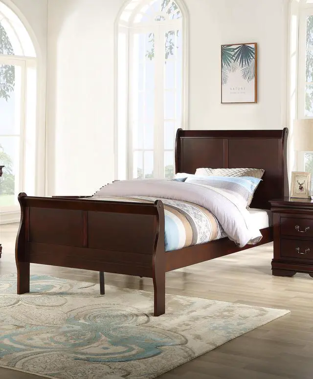Main image of Louis Phillipe Brown Cherry Finish Twin Size Youth Panel Sleigh Bed Solid Wood Wooden Bedroom Furniture