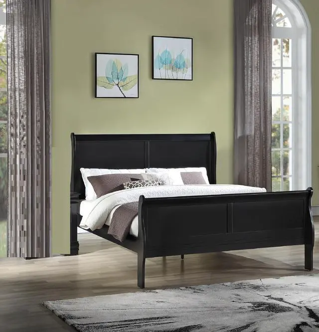 Main image of Louis Phillipe Brown Black Finish Full Size Panel Sleigh Bed Solid Wood Wooden Bedroom Furniture