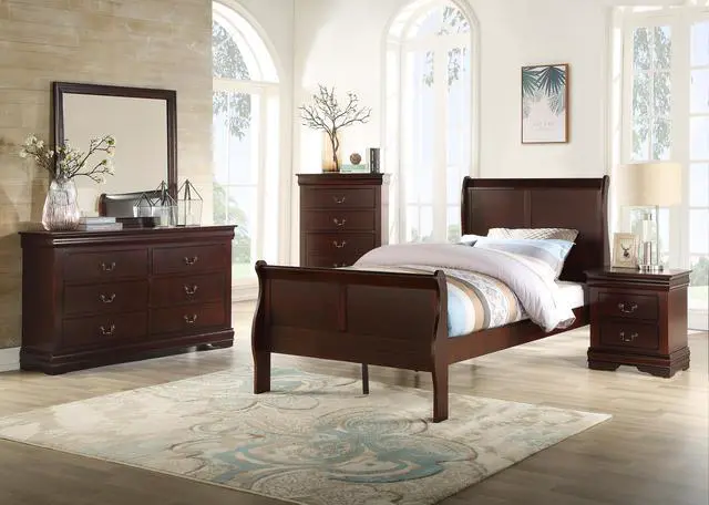 Alt view image 6 of 6 - Louis Phillipe Brown Cherry Finish Twin Size Youth Panel Sleigh Bed Solid Wood Wooden Bedroom Furniture