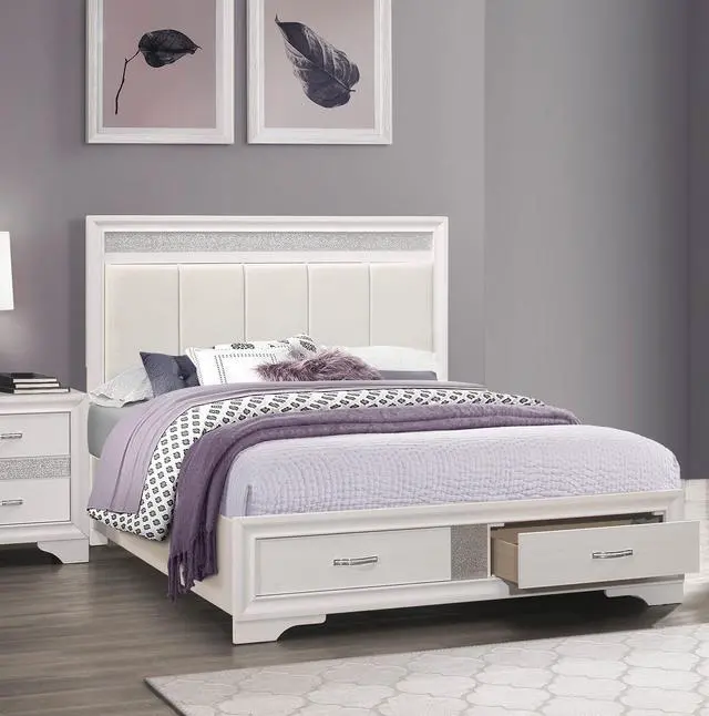 Main image of Modern Glam White Finish 1Pc Queen Platform Bed With Drawers Storage Upholstered Headboard Silver Glitter Accent Wooden Bedroom Furniture