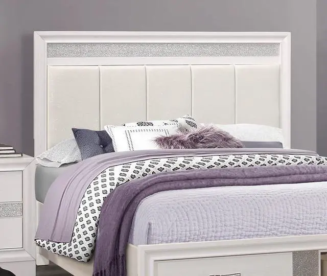 Alt view image 2 of 7 - Modern Glam White Finish 1Pc Queen Platform Bed With Drawers Storage Upholstered Headboard Silver Glitter Accent Wooden Bedroom Furniture