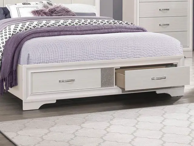 Alt view image 3 of 7 - Modern Glam White Finish 1Pc Queen Platform Bed With Drawers Storage Upholstered Headboard Silver Glitter Accent Wooden Bedroom Furniture