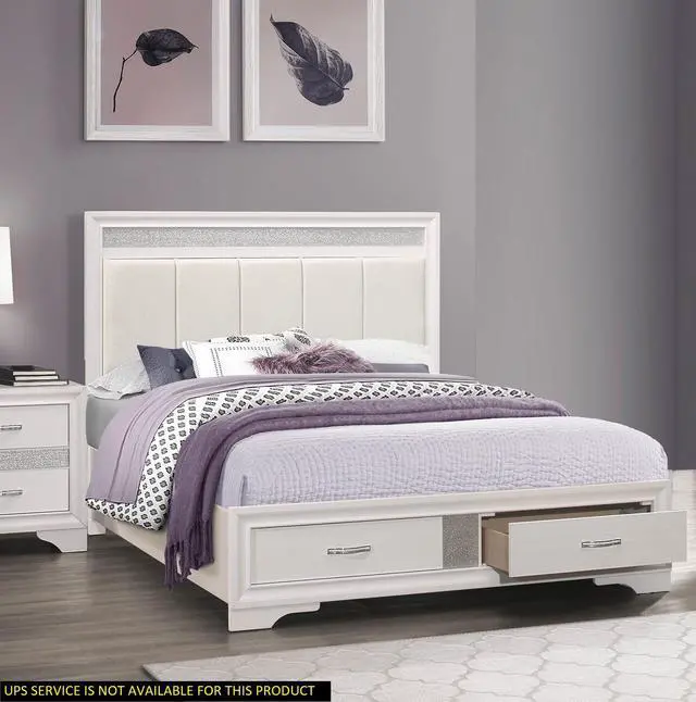 Alt view image 7 of 7 - Modern Glam White Finish 1Pc Queen Platform Bed With Drawers Storage Upholstered Headboard Silver Glitter Accent Wooden Bedroom Furniture
