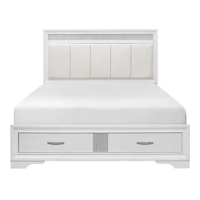 Alt view image 4 of 7 - Modern Glam White Finish 1Pc Queen Platform Bed With Drawers Storage Upholstered Headboard Silver Glitter Accent Wooden Bedroom Furniture
