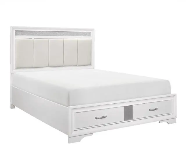 Alt view image 5 of 7 - Modern Glam White Finish 1Pc Queen Platform Bed With Drawers Storage Upholstered Headboard Silver Glitter Accent Wooden Bedroom Furniture