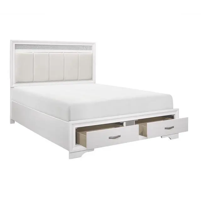 Alt view image 6 of 7 - Modern Glam White Finish 1Pc Queen Platform Bed With Drawers Storage Upholstered Headboard Silver Glitter Accent Wooden Bedroom Furniture