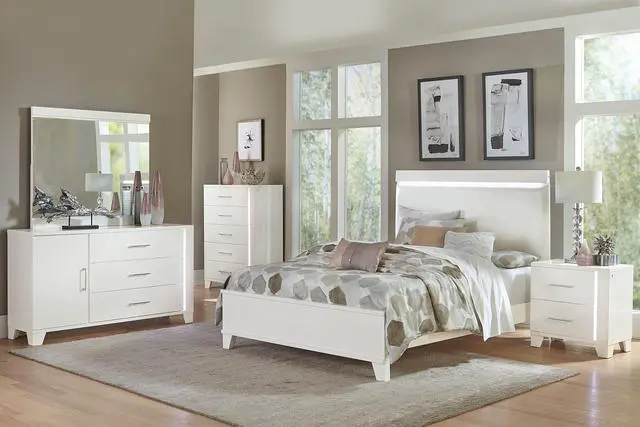 Alt view image 5 of 7 - White High Gloss Finish Modern Queen Bed 1Pc Led Light Headboard Faux Leather Upholstered Wooden Furniture