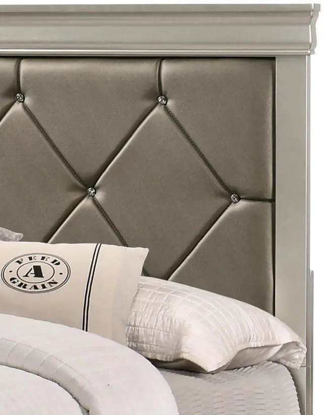 Alt view image 3 of 6 - Modern 1Pc Beige Champagne Finish Queen Size Panel Bed Wooden Crocodile Texture Pu Upholstered Headboard Crystal-Like Button Tufted Fabric Bedroom Furniture