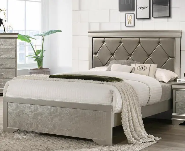 Main image of Modern 1Pc Beige Champagne Finish Queen Size Panel Bed Wooden Crocodile Texture Pu Upholstered Headboard Crystal-Like Button Tufted Fabric Bedroom Furniture