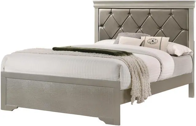 Alt view image 2 of 6 - Modern 1Pc Beige Champagne Finish Queen Size Panel Bed Wooden Crocodile Texture Pu Upholstered Headboard Crystal-Like Button Tufted Fabric Bedroom Furniture