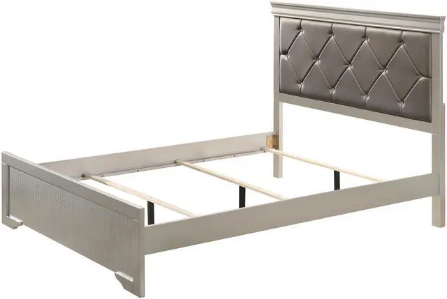 Alt view image 4 of 6 - Modern 1Pc Beige Champagne Finish Queen Size Panel Bed Wooden Crocodile Texture Pu Upholstered Headboard Crystal-Like Button Tufted Fabric Bedroom Furniture