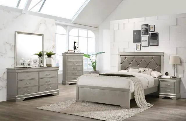 Alt view image 6 of 6 - Modern 1Pc Beige Champagne Finish Queen Size Panel Bed Wooden Crocodile Texture Pu Upholstered Headboard Crystal-Like Button Tufted Fabric Bedroom Furniture