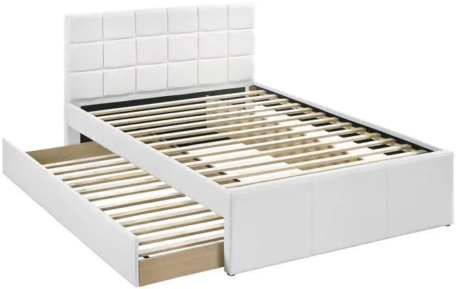 Alt view image 2 of 7 - Twin Size Bed W/ Trundle Slats White Faux Leather Upholstered Plywood Kids Youth Bedroom Furniture Wooden Slats 1Pc Bed