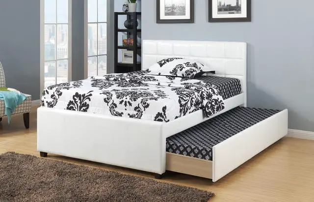 Main image of Twin Size Bed W/ Trundle Slats White Faux Leather Upholstered Plywood Kids Youth Bedroom Furniture Wooden Slats 1Pc Bed