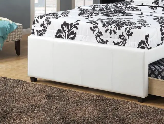 Alt view image 3 of 7 - Twin Size Bed W/ Trundle Slats White Faux Leather Upholstered Plywood Kids Youth Bedroom Furniture Wooden Slats 1Pc Bed