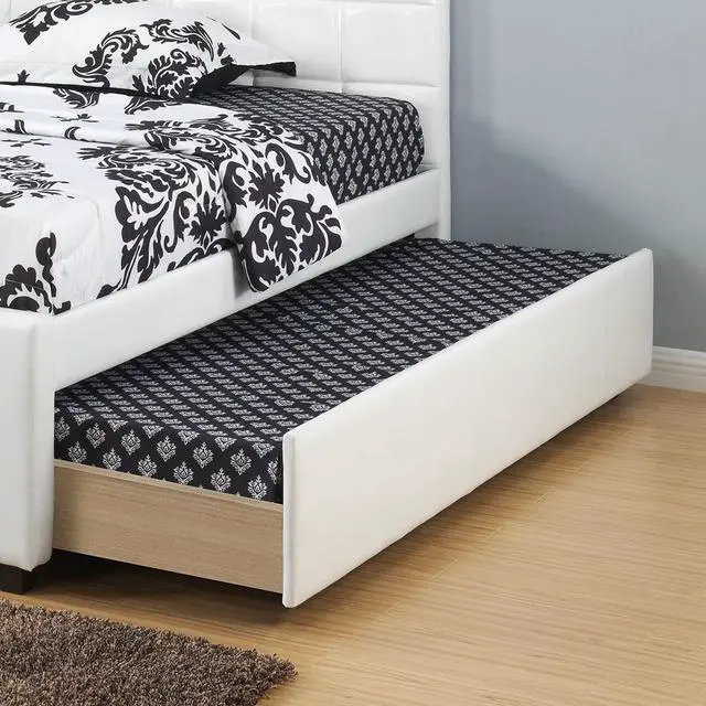 Alt view image 5 of 7 - Twin Size Bed W/ Trundle Slats White Faux Leather Upholstered Plywood Kids Youth Bedroom Furniture Wooden Slats 1Pc Bed