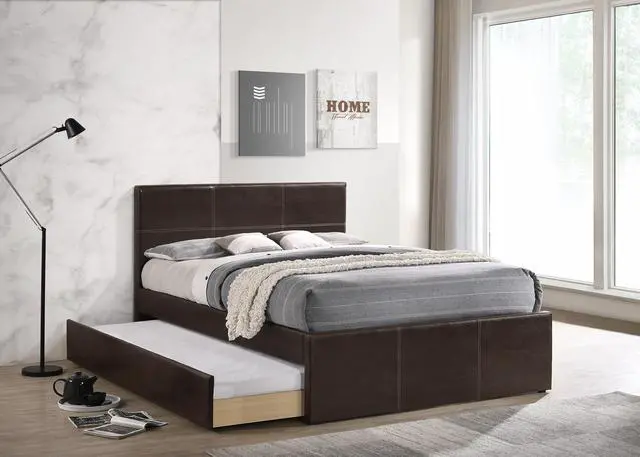 Alt view image 2 of 7 - Twin Size Bed W/ Trundle Slats Espresso Faux Leather Plywood Kids Youth Bedroom Furniture Wooden Slats Clean Lines Upholstered Headboard 1Pc Bed
