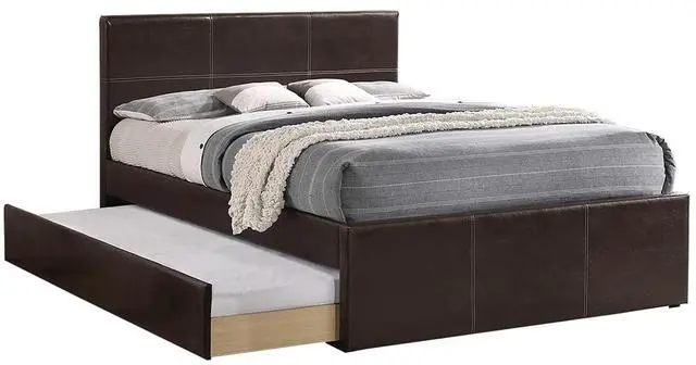 Alt view image 4 of 7 - Twin Size Bed W/ Trundle Slats Espresso Faux Leather Plywood Kids Youth Bedroom Furniture Wooden Slats Clean Lines Upholstered Headboard 1Pc Bed