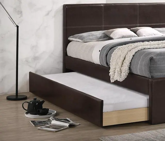 Alt view image 5 of 7 - Twin Size Bed W/ Trundle Slats Espresso Faux Leather Plywood Kids Youth Bedroom Furniture Wooden Slats Clean Lines Upholstered Headboard 1Pc Bed
