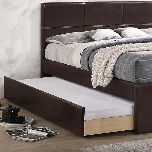 Alt view image 6 of 7 - Twin Size Bed W/ Trundle Slats Espresso Faux Leather Plywood Kids Youth Bedroom Furniture Wooden Slats Clean Lines Upholstered Headboard 1Pc Bed