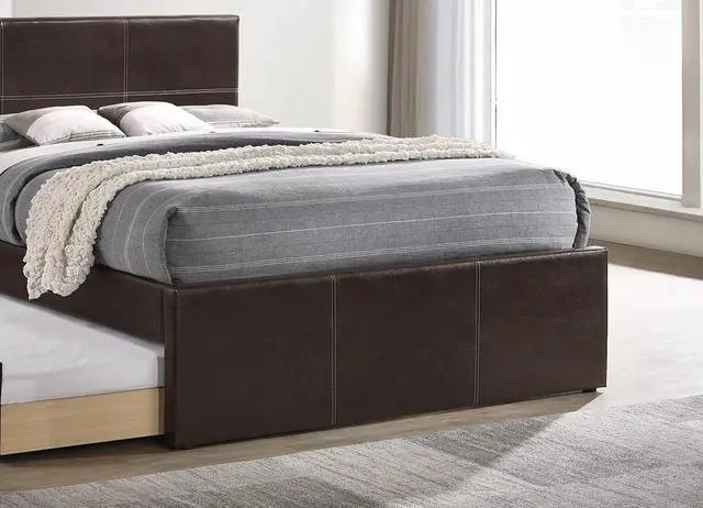 Alt view image 7 of 7 - Twin Size Bed W/ Trundle Slats Espresso Faux Leather Plywood Kids Youth Bedroom Furniture Wooden Slats Clean Lines Upholstered Headboard 1Pc Bed