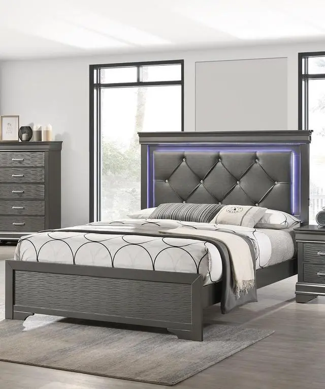 Main image of Dark Gray Faux Leather Tufted Headboard 1pc Queen Size Bed w LED Bedroom Furniture Gray Unique Texture FB Solid wood