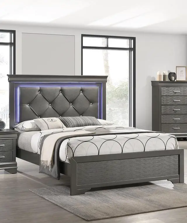 Alt view image 2 of 7 - Dark Gray Faux Leather Tufted Headboard 1pc Queen Size Bed w LED Bedroom Furniture Gray Unique Texture FB Solid wood