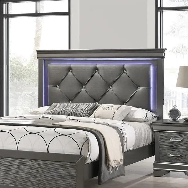 Alt view image 5 of 7 - Dark Gray Faux Leather Tufted Headboard 1pc Queen Size Bed w LED Bedroom Furniture Gray Unique Texture FB Solid wood