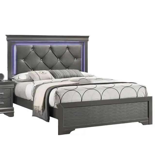 Alt view image 3 of 7 - Dark Gray Faux Leather Tufted Headboard 1pc Queen Size Bed w LED Bedroom Furniture Gray Unique Texture FB Solid wood
