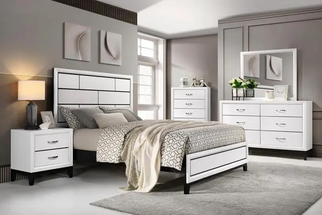 Alt view image 5 of 6 - Modern Contemporary White Finish Full Bed 1Pc Wooden Bedroom Furniture Black Line Design