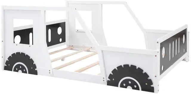 Main image of Full Size Classic Car-Shaped Platform Bed With Wheels,White