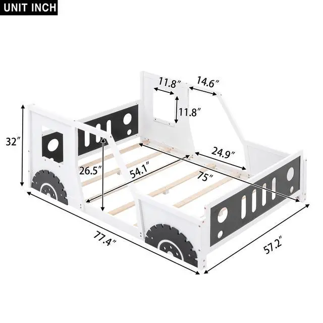 Alt view image 3 of 7 - Full Size Classic Car-Shaped Platform Bed With Wheels,White