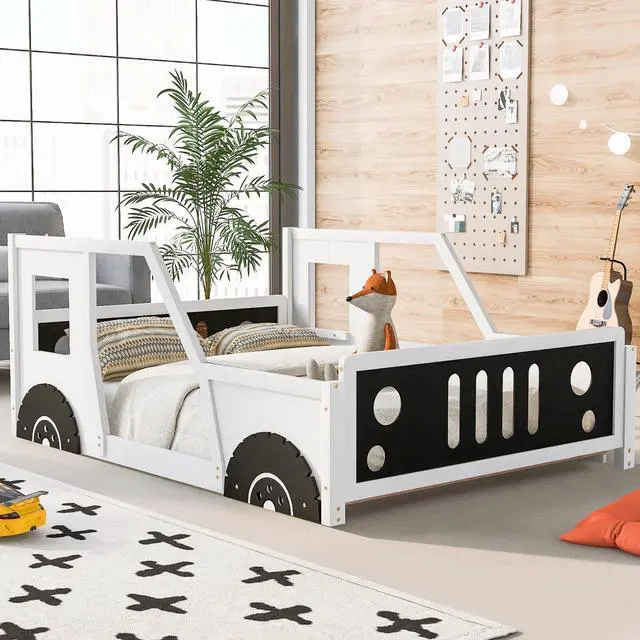 Alt view image 2 of 7 - Full Size Classic Car-Shaped Platform Bed With Wheels,White