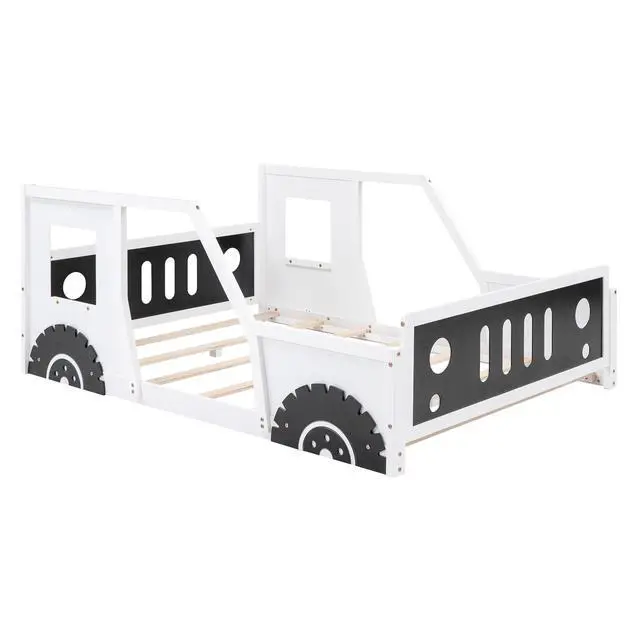 Alt view image 6 of 7 - Full Size Classic Car-Shaped Platform Bed With Wheels,White