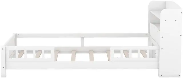 Main image of Wood Twin Size Platform Bed With Built-In Led Light, Storage Headboard And Guardrail, White
